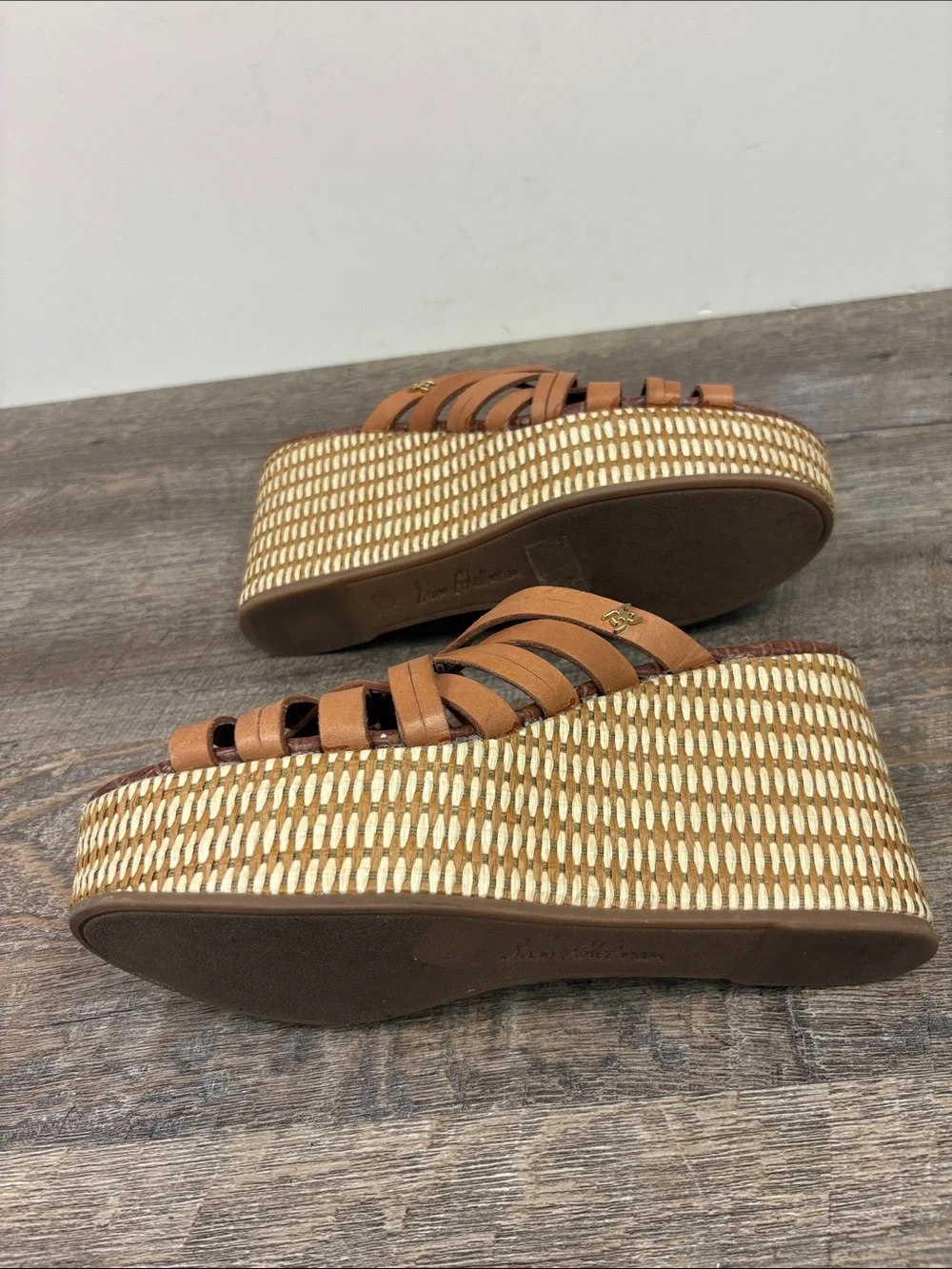 Sam Edelman Devon Brown Leather Strappy Platform Wedge Slide Sandals  Size 8